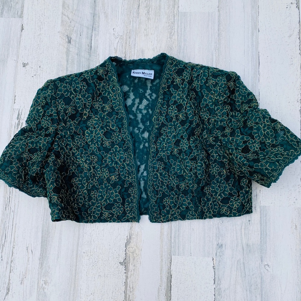 Vintage Green Lace Cropped Jacket with Gold Threading